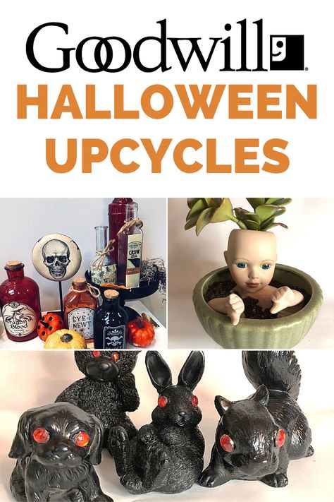 Get crafty this Halloween season with these spooky Goodwill Halloween Upcycles! â ï¸ #upcycle #DIY #HalloweenDIY Halloween Oddities Diy, Weird Halloween Decorations, Goodwill Crafts Diy, Halloween Crafts Spooky, Creepy Halloween Crafts For Adults, Upcycled Halloween Crafts, Repurpose Halloween Decor, Thrift Store Art Makeover Spooky, Diy Goodwill Halloween Decor