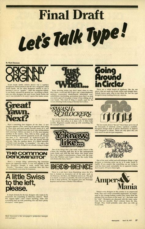 Let’s Talk Type! from Metropolis newspaper Alfabet Font, Vintage Newspaper, Newspaper Design, Graphic Design Fonts, Brand Fonts, Typeface Design, Retro Font, Vintage Typography, Graphic Design Poster