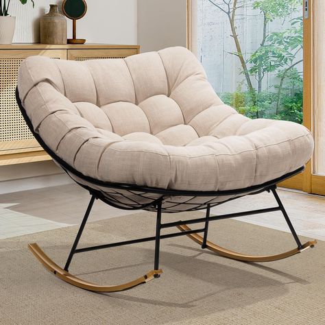 PRICES MAY VARY. 400LBS STURDY CONSTRUCTION: A 400 lbs weight capacity makes patio rocking chair suitable for heavy use. You can enjoy comfortable switte outdoor rocking chair on the bottom sled thanks to the plastic added to protect your floors and reduce noise. THICK AND FLUFFY CUSHION: Overstuffed padded cushion with 7'' thickness increases the comfort and cozy to the lounging experience. The handcrated diamond tufting of our rocking egg chair outdoor upgrades the aesthetics of the interior. Cozy Rocking Chairs, Rocking Chair Cozy, Cozy Rocking Chair Corner, Moon Chair Living Room, Unique Chairs For Living Room, Reading Chair Bedroom Cozy Corner, Cozy Chairs For Reading Living Room, Rocking Chairs Living Room, Oversized Rocking Chair