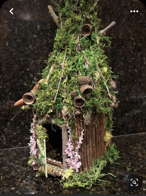 Fairy House Bird House, Fairy Bird Houses Ideas, Fairy Bird House, Fairy House Diy Natural Materials, Moss Birdhouse, Fae Crafts, Kids Fairy Garden, Homemade Bird Houses, Fairy Tree Houses