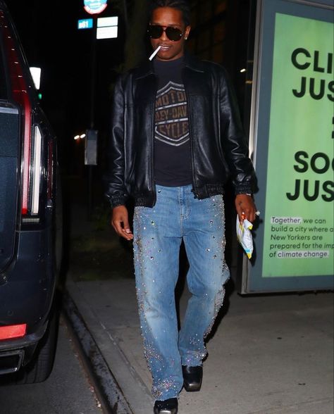 Asap Rocky Casual Style, Asap Rocky Leather Jacket, Men’s Leather Jackets Outfit, Asap Rocky Street Style, Asap Rocky Fits, Skirt Over Pants Outfits, Asap Rocky Style, Asap Rocky Outfits, Aesthetic Retro Outfit