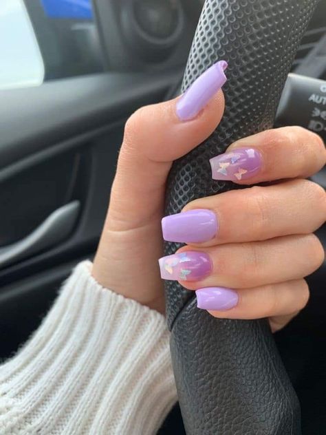 Lavender Nails With Butterflies Short, Butterfly Nail Ideas Short, Short Purple Nails With Butterflies, Crazy Glitter Nails, Lavender Nails With Butterflies, Purple Butterfly Acrylic Nails, Lilac Butterfly Nails, Purple Nails Butterfly, Short Butterfly Nails