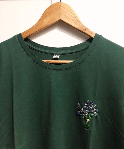 Embroidery DIY Embroidery On Green Shirt, Green Sweatshirt Embroidery, Lavender Embroidery Shirt, Green Shirt Embroidery, Embroidery On Dark Green Fabric, Embroidery On Tee Shirts, Small Embroidery Designs On Tshirt, Embroidery Designs Crewneck, Embroidery Tshirt Designs