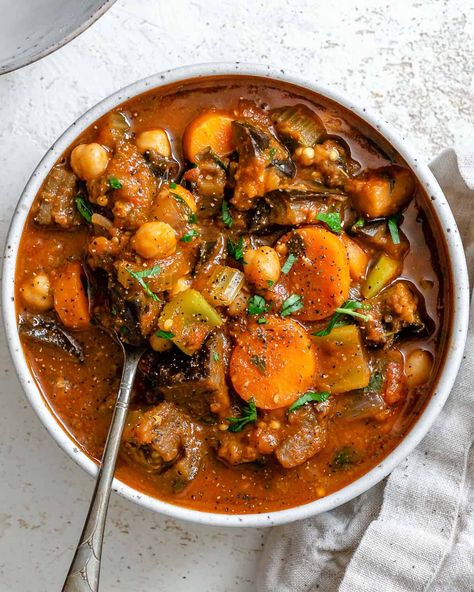 This Eggplant Stew is packed with flavor, fiber, & plant-based protein but made entirely of affordable kitchen staples! So easy to make and perfect for a weeknight comfort meal! #plantbasedonabudget #eggplant #stew Stew With Tomatoes, Chickpea Plant, Eggplant Stew, Plant Based Recipes Dinner, Kitchen Staples, Affordable Kitchen, Chickpea Stew, Chick Pea, Pea Recipes