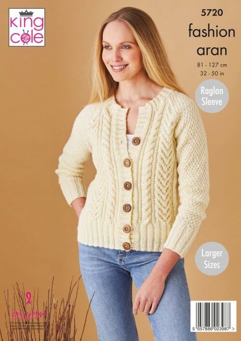 Easy to Follow Sweater & Cardigan: Knitted in Fashion Aran Knitting Patterns - King Cole Sweater And Cardigan, Raglan Cardigan, Aran Knitting, Aran Knitting Patterns, Ravelry Knitting, Ladies Sweater, Cardigan Knitted, King Fashion, King Cole