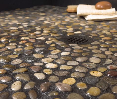 Solistone Decorative Pebbles 12 x 12 Interlocking Mesh Tile in Rumi approx $10/sq foot retail Stone Shower Floor, Dark Grout, Decorative Pebbles, Stone Shower, Pebble Tile, Bathroom Redo, Earthship, Decoration Inspiration, Cool Ideas