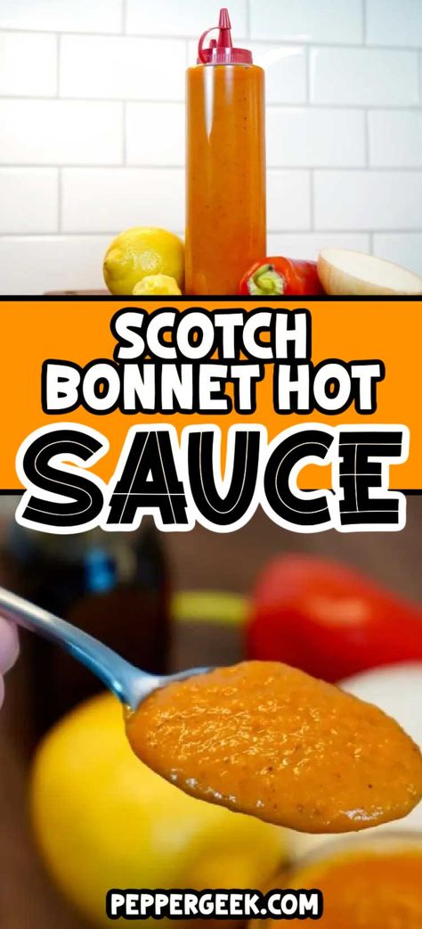 If you're looking for a spicy scotch bonnet hot sauce recipe, this one will do the trick! This spicy and tasty hot sauce recipe uses scotch bonnets for delicious flavor and heat. Jamaican Hot Sauce Recipe, Scotch Bonnet Pepper Recipes, Hot Sauce Recipe For Canning, Canned Hot Sauce Recipe, Hot Sauce Recipe Homemade, Scotch Bonnet Hot Sauce Recipe, Fermented Hot Sauce Recipe, Make Hot Sauce, Dehydrating Recipes