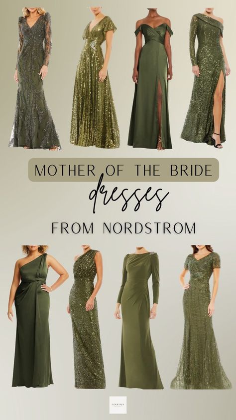 An assortment of elegant Mother of the Bride dresses in various shades of olive green, highlighting Nordstrom's diverse and refined wedding attire selection. Sage Green Wedding Dress, Victoria Wedding Dress, Olive Green Bridesmaid Dresses, Mother Of The Groom Gowns, Olive Green Weddings, Bride Attire, Green Wedding Dresses, Groom Wedding Dress, Sage Green Bridesmaid Dress