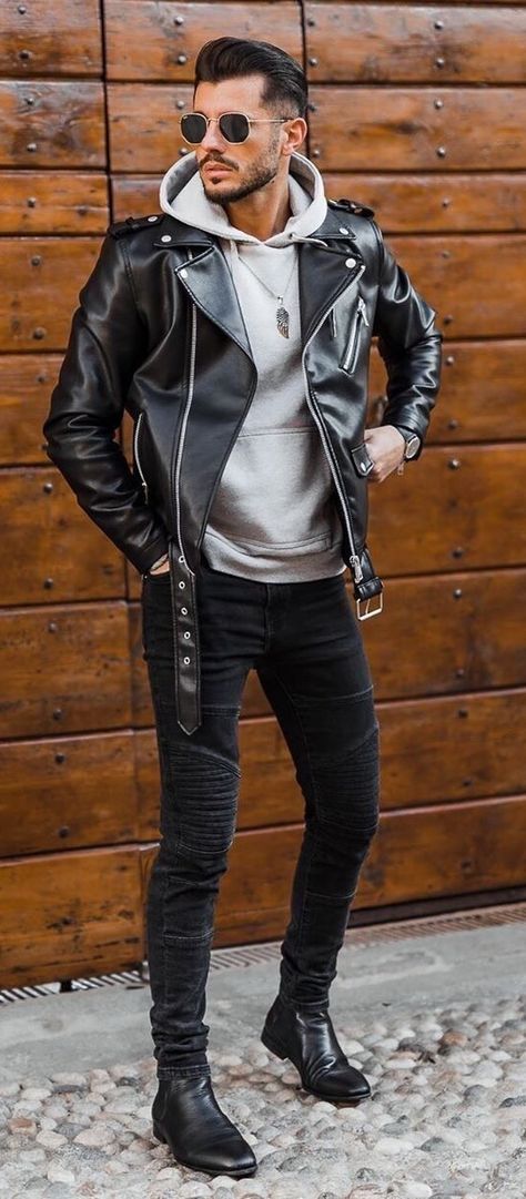 Biker Style Men, Leather Jacket Outfit Winter, Biker Jacket Outfit, Men Fashion Summer, Winter Jacket Outfits, Leather Jacket Outfit Men, Mode Rock, Short Leather Jacket, Black Biker Jacket