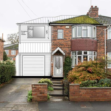 Two Storey Extension Semi Detached, 1930s Side Extension, Double Storey Extension Ideas, Semi Detached House Side Extension, Two Storey Side Extension Semi Detached, Double Story House Extension, House Side Extension Ideas Semi Detached, Garage Extension Ideas Side, Second Floor Extension Ideas