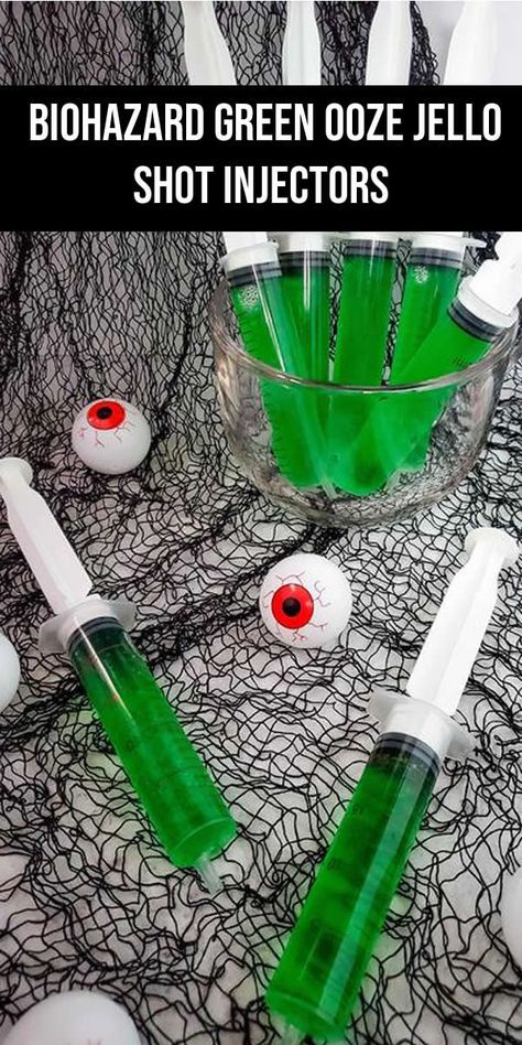 biohazard green ooze rum Jello shot injectors with rum alcohol Halloween Drinks Alcohol Jello Shots, Jello Shots Recipe Halloween, Blue Halloween Jello Shots, Green Halloween Jello Shots, Alcohol Syringe Shots, Biohazard Jello Shots, Jello Shots Syringes Recipe, Halloween Syringe Jell-o Shots, Halloween Shots In Syringes