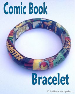 DIY Comic Book Bracelet - make your own! Comic Book Jewelry Diy, Comic Book Crafts, Diy Comic, Book Bracelet, Superhero Crafts, Old Comics, Wooden Bracelet, Book Jewelry, Crafting Paper