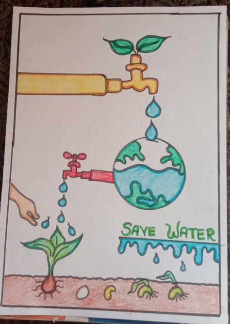 Save Water Drawing, Save Earth Drawing, Save Water Poster Drawing, Save Water Poster, Earth Day Drawing, Earth Drawings, Easy Art For Kids, Drawing Competition, Desain Quilling