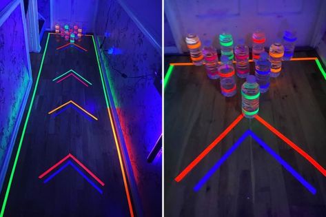 Glow In The Dark Bowling Diy, Diy Bowling Alley, Neon Bowling, Steam Night, Diy Bowling, Glow Party Decorations, Project Graduation, Cosmic Bowling, Glow Theme Party