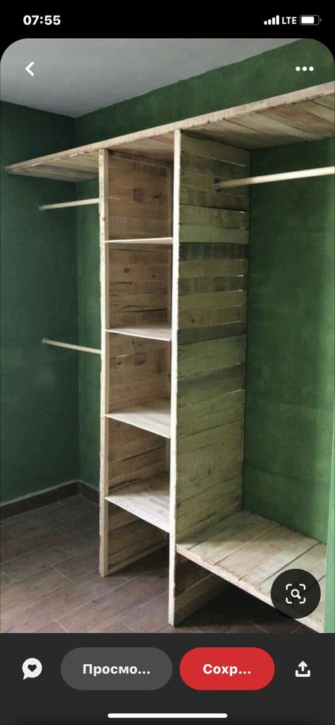 Homemade Closet, Pallet Closet, Rustic Closet, Diy Closet Shelves, Standing Closet, Bedroom Closet Storage, Closet Design Layout, Closet Renovation, Closet Layout