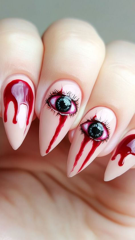 Scary Nails Designs, Short Horror Nails, Rocky Horror Nails, Halloween Nails Almond Shape, Gory Nails, Horror Nails Halloween, Almond Halloween Nails, Horror Movie Nails, Halloween Almond Nails