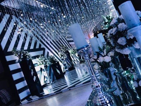 Photo By Satya Sai Decorators - Decorators Black And White Sangeet Decor, White Sangeet Decor, Walkway Decor, Black And White Illusions, Sangeet Decor, Mandap Decor, Wedding Register, Wedding Stage Decorations, Mirror Ball