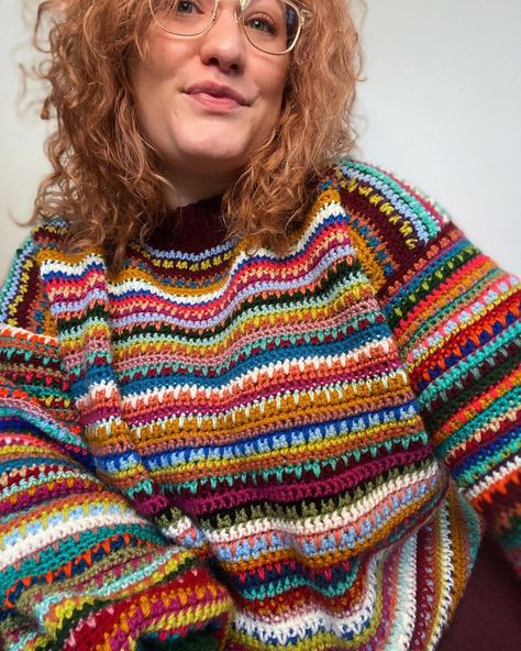 Scrap Yarn Crochet Sweater Pattern, Funky Crochet Sweater Pattern, Stripped Crochet Sweater, Stash Buster Crochet Sweater, Multi Stitch Crochet Sweater, Multicolour Yarn Crochet Ideas, Crochet Sweater Scrap Yarn, Scrap Buster Crochet, Crochet Multicolor Sweater