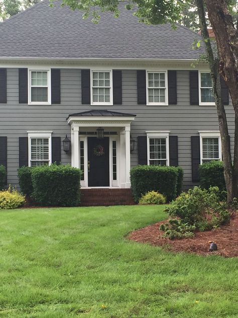 Colonial Siding Colors, Colonial House With Portico, Siding Ideas Exterior Colonial, Colonial Siding Ideas, Grey Colonial House Exterior, Colonial Exterior Colors, Colonial House Porch, Colonial House Exterior Paint Colors, Updated Colonial Exterior