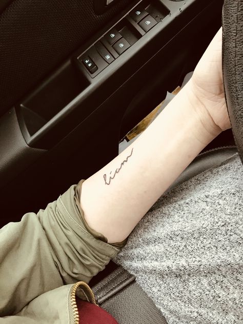 #liam #tattoo #arm #forearm #wrist #lettering #words #simple #cute #son #baby #name #tattoos Kid Name Tattoo Ideas Mothers, Liam Tattoo, Sons Name Tattoos, Tattoos For Baby Boy, Baby Memorial Tattoos, Name Tattoos On Wrist, Baby Tattoo Designs, Kid Name Tattoo, Baby Name Tattoos