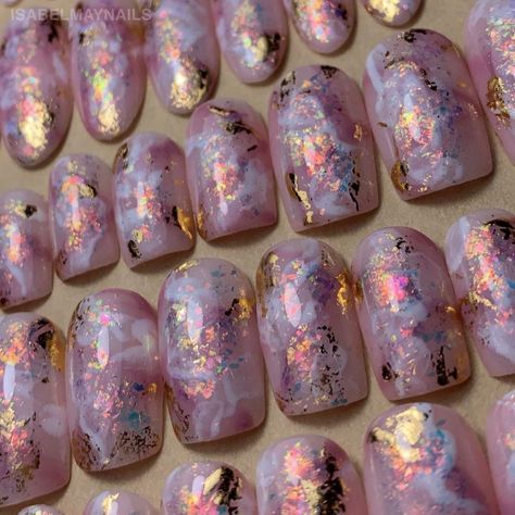 Isabel May, Rose Quartz Nails, Gold Nail Designs, Quartz Nail, Gold Flakes, Nails Designs, Press On Nails, Nail Inspo, Rose Quartz