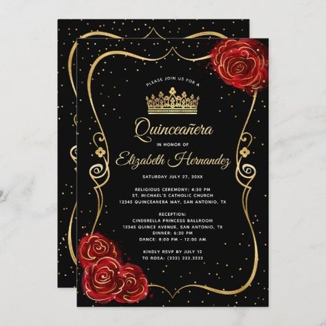 Elegant Black Red Rose and Gold Quinceanera #blackredgoldquinceanerainvitations #diyelegantburgundyrosesspanish #floralsweet1615quinceanera #misquinceanosprincesscrown #15thbirthdaypartywatercolorflowers #roseweddingsflowersbridalshower #confettifairytalevintagetiarasimple #sparklemexicanfiestadarkcool #modernwhitecalligraphytemplate #rsvpuniquegowngirlyglitter Gold Quinceanera Invitations, Red Gold Quinceanera, Tiara Simple, Calligraphy Templates, Gold Quinceanera, Black Red Rose, Quince Invitations, Quinceanera Invitation, Vintage Tiara