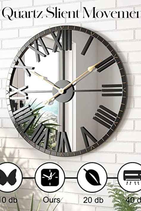 Kitchen Clocks Wall Ideas, Large Mirrored Wall Clock, Ticking Clock, Room Decor Kitchen, Clock For Living Room, Kitchen Clocks, Modern Mirror Wall, Mirror Wall Clock, Kitchen Wall Clocks