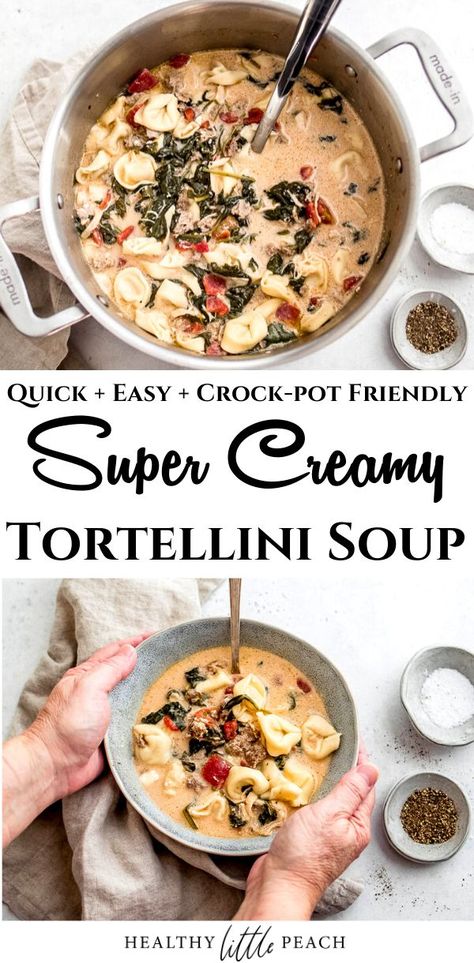 A savory and creamy tortellini soup filled with ground sausage, cream cheese, spinach, tomatoes and chicken broth. Super easy to make and can be on your dinner table in 40 minutes. #soup #souprecipes #tortellinisoup #comfortfood #cozysoup #creamysoup Easy Sausage Tortellini Soup, Tomatoes And Chicken, Cheese Tortellini Soup, Sausage Cream Cheese, Cream Cheese Spinach, Pork Dinners, Creamy Tortellini, Creamy Tortellini Soup, Spinach Tortellini Soup