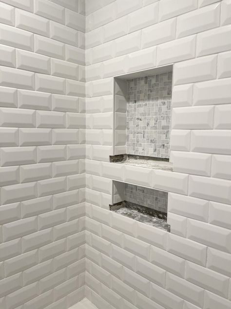 Bathroom Remodel Progress & Tips Beveled Subway Tile Bathroom, Beach House Guest Bathroom, Small Guest Bathroom, Carrara Marble Floor, Jack Jill Bathroom, Subway Tile Bathroom, Guest Bathroom Renovation, Beveled Subway Tile, Guest Bathroom Small