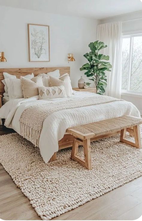 Clean White Bedroom Aesthetic, White Guest Bedroom Ideas, White And Natural Wood Bedroom, Airy Boho Bedroom, White Bedspread Ideas, White And Neutral Bedroom, Bedroom Ashestic, Boho Master Bedrooms Decor, Bedroom Ideas Boho Chic