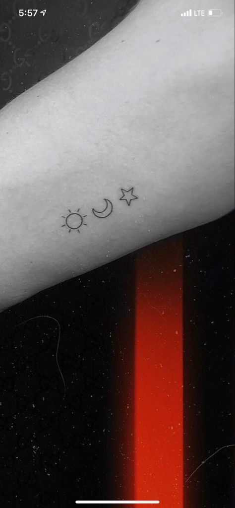 Moon And Two Stars Tattoo, Sun Moon And Star Tattoo, Trio Tats, Sun Moon Star Tattoo, Sun Moon Stars Tattoo, Moon And Star Tattoo, Sun Moon And Stars Tattoo, Moon Star Tattoo, Stars Tattoo