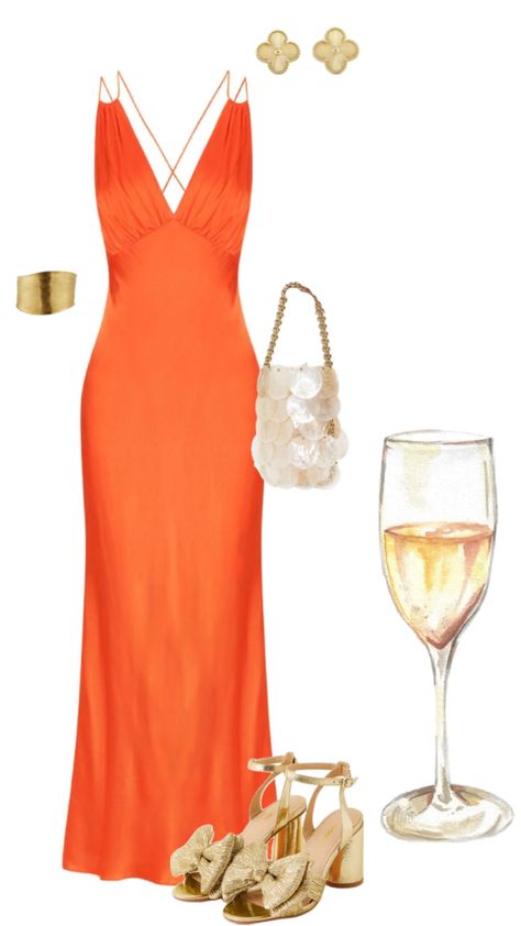 Orange dress, gold shoes, gold bracelet Wedding Guest Summer Outfit, Elegant Dresses For Wedding, Elegant Dresses For Wedding Guest, Wedding Guest Summer, Emma Style, Dresses For Wedding Guest, Dresses For Wedding, Hair Essentials, Wedding Guest Outfit Summer