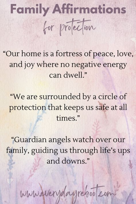 Empower your loved ones with 'Family Affirmations for Protection.' These affirmations are designed to surround your family with a sense of security and well-being. Ideal for fostering an atmosphere of care and safeguarding within your home. #FamilyProtection #Affirmations ✨🛡️ Let these powerful words be a daily reminder of the strength and safety that comes from unity and mutual support. Protection Affirmation For Home, Protection Affirmations Spiritual, Family Protection Affirmations, Family Manifestation Affirmations, Family Affirmations Relationships, Happy Family Affirmations, Protected Affirmations, Safety Affirmations, Affirmations For Family