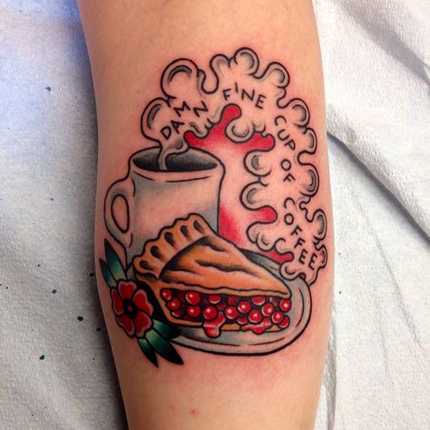 Twin peaks tattoo  Done by Shannon Reed / Norfolk, VA / Instagram : shannonreedtattoo Traditional Pie Tattoo, Pie Tattoo, Y2k Tattoos, Twin Peaks Tattoo, Coffee Tattoo, Food Tattoos, Movie Tattoos, Coffee Tattoos, Coffee Drawing