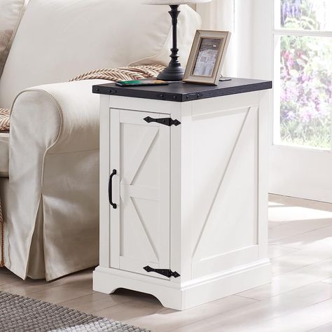 CHARMING FARMHOUSE NIGHTSTANDS: The white nightstand is designed with classic farm barn doors, and black metal pieces add a bit of retro accent to the table, is a great combination of modern rustic and vintage farm style. The unique wood grain surface restores the texture of the original wood, bringing your home a natural atmosphere. Comes with built in charging station. Farmhouse End Table, Farmhouse Nightstand, Cube Side Table, Rustic End Tables, Farmhouse End Tables, Rustic Sofa, Nightstand With Charging Station, Rustic Nightstand, Farmhouse Side Table