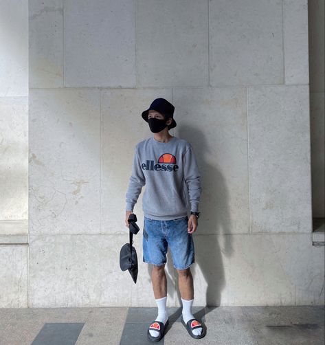 Ellesse Outfit, Men In Socks, Men Slides, Sandals Outfit, Mens Sandals, Men Fashion, Slides, Normcore, Socks