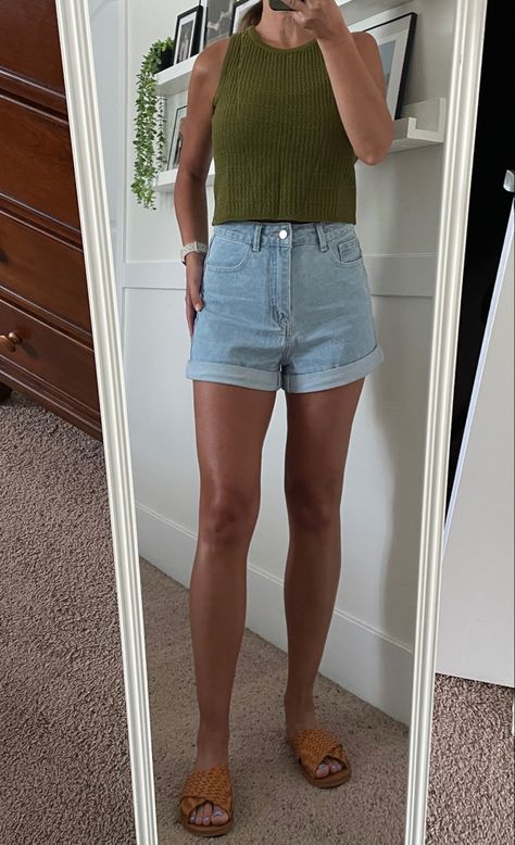 Green knit tank, light denim shorts, brown braided sandals •knit crop top •knit sleeveless top •green knit •high waisted shorts •camel sandals •summer outfit Brown Ribbed Tank Top For Spring, Casual Green Jean Shorts, Mid-rise Green Jean Shorts For Spring, Casual Green Tank Knit Top, Spring Green Ribbed Tank Top, Sandals Summer Outfit, Light Denim Shorts, Crop Top Knit, Camel Sandals