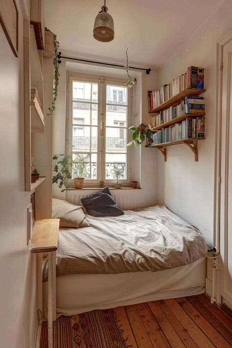 Small Room Ideas Queen Bed, Small Bedroom Ideas Nyc, Minimal Small Bedroom Ideas, Tiny Bedroom Aesthetic Cozy, Room Small Ideas Bedrooms, Daybed Room Ideas Small Bedrooms, Grey Walled Bedroom, Nyc Small Bedroom Ideas, Rooms With Small Windows