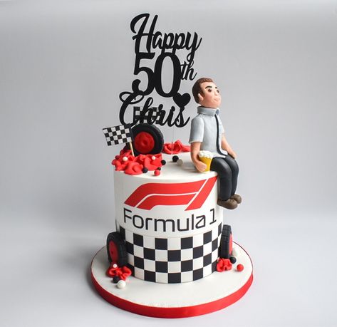 Formula 1 50th Birthday Cake. Fondant figure holding a beer. Racing themed cake. Dee's Cakes n Bakes www.deescakesnbakes.co.uk Formula 1 Cake, Birthday Cake Beer, Birthday Cake Fondant, Beer Cake, Car Party, 18th Birthday Cake, 1 Cake, Race Car Party, 50th Birthday Cake