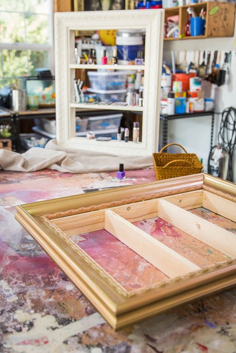 Mark builds a makeup vanity by reusing a picture frame! #homeandfamily #homeandfamilytv #MakeupVanity #shelves #organization #DIY Shelves Organization, Vanity Shelves, Makeup Organization Diy, Picture Frame Shelves, Diy Vanity, Frame Shelf, Diy Picture Frames, Organization Diy, Furniture Vanity