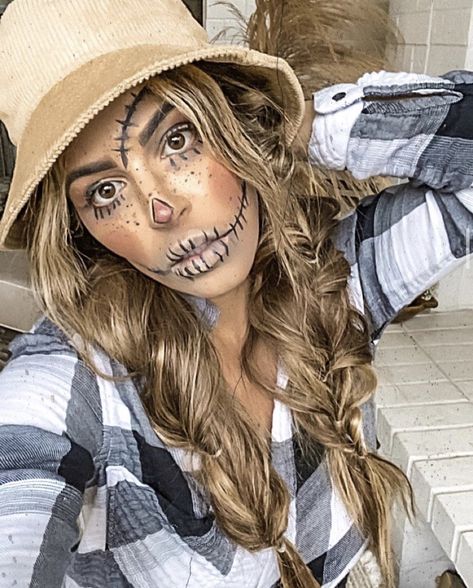 Scarecrow Wizard Of Oz Makeup, Diy Scarecrow Costume, Scarecrow Halloween Makeup, Halloween Costumes Scarecrow, Cat Halloween Makeup, Scarecrow Makeup, Diy Scarecrow, Scarecrow Halloween, Scarecrow Face