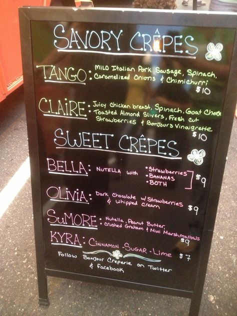 Menu Board - La Creperie Food Truck Crepe Menu Ideas, Food Truck Menu Board Ideas, Crepe Food Truck, Diy Food Truck, Ideas For Food Truck, Menu Board Ideas, Food Truck Menu Ideas, Mexican Ideas, Strawberry Nutella