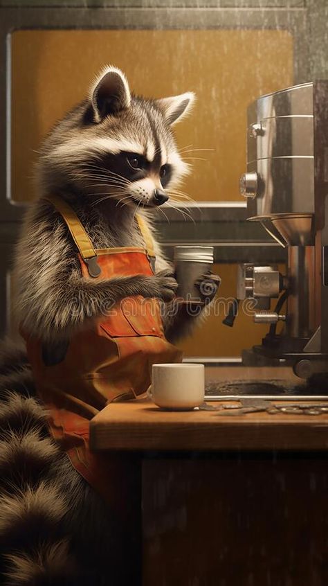 Cute raccoon wearing clothes drinking coffee in the pantry. He is holding a cup of coffee. Cartoon character raccoon. stock photos Raccoon With Coffee, Cup Of Coffee Illustration, Raccoon Character, Holding A Cup Of Coffee, Coffee Cartoon, Coffee Illustration, Cute Raccoon, Trash Panda, Drinking Coffee