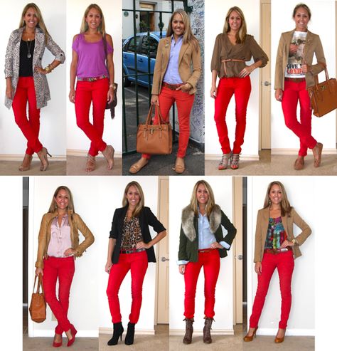 Flashback Friday: Red Pants — J's Everyday Fashion Red Jeans Outfit, Outfit Pantalon Rojo, Red Pants Outfit, Js Everyday Fashion, Red Trousers, Look Jean, Red Jeans, Red Pants, Red Outfit