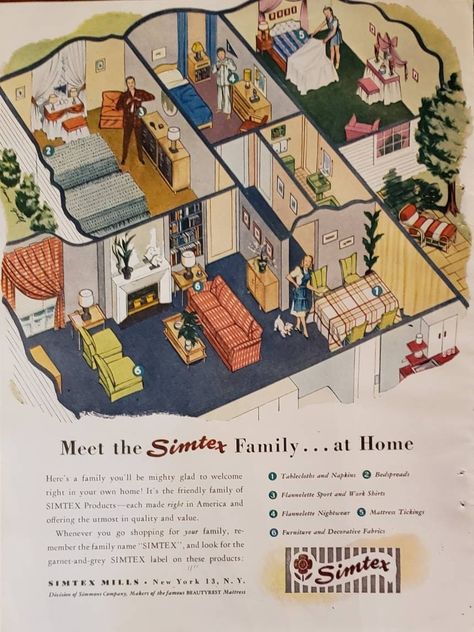 This is an original vintage print advertisement, not a reproduction. Description/Advertiser:  This is a single page ad from a vintage magazine with ads on both sides. Your choice which to use! Simtex Mills Or Corette Slips Year: 1947 Dimensions: Approximately 8.5 inches x 11 inches Condition: Very good Each vintage ad is packaged with a cardboard back insert with a protective PVC free plastic sleeve and shipped flat. Grab this rare vintage original advertisement for a trip down memory lane. A un 1950s Interior Design Living Room, 1950 Decor Interior Design, 50s Living Room Vintage, 1940s Decor Interior Design, 1940 Interior Design, Retro Home Decor 1950s, Vaporwave Interior, Family Advertising, 1950 Home Decor