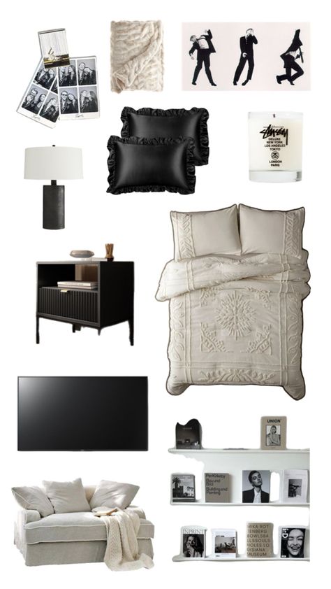 Apartment Inspo Black And White, Aesthetic Room Ideas Black And White, White And Black Room Decor, Black And White Bedroom Aesthetic, Black White Bedroom Ideas, Black And White Room Decor, Small Room Inspo, Black Room Decor, Classy Rooms