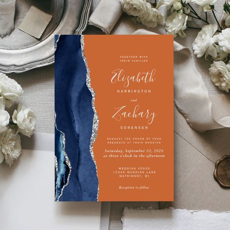 Modern Navy Blue Silver Agate Burnt Orange Wedding Invitation  Zazzle Dark Wedding Invitations, Blue Silver Weddings, Paper Nest, Orange Wedding Invitations, Geode Wedding, Burnt Orange Weddings, Silver Wedding Invitations, Agate Wedding, Navy Blue Wedding Invitations