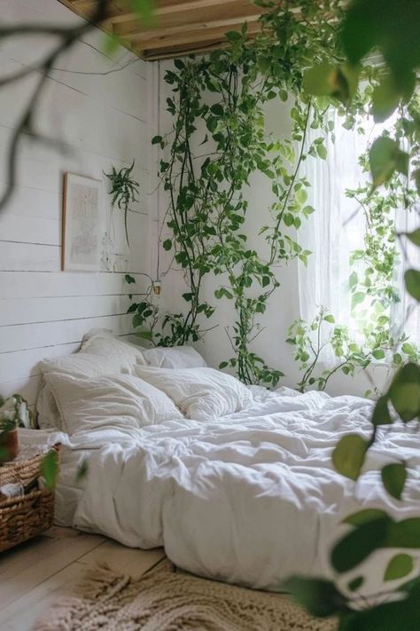 "Add a breath of fresh air to your home with indoor plants! 🌿🪴 Perfect for creating a calming and natural environment. 🌟✨ #PlantInspiration #InteriorStyling #GreenDecor" Greenery In Bedroom, Planty Bedrooms Aesthetic, Room With Plants, Green Decor, Breath Of Fresh Air, Eco Friendly House, Bedroom Aesthetic, White Bedding, Natural Environment