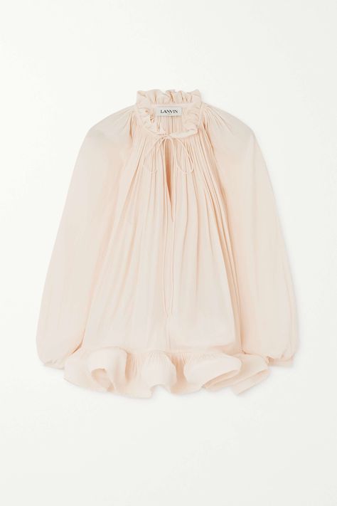 Shop LANVIN Ruffled gathered charmeuse blouse, Explore the latest LANVIN women's collection today on NET A PORTER Luxury Blouse, Ivory Blouse, Bright Turquoise, Hem Style, Tailored Pants, Pink Blouse, Dinner Parties, Lanvin, Couture Fashion