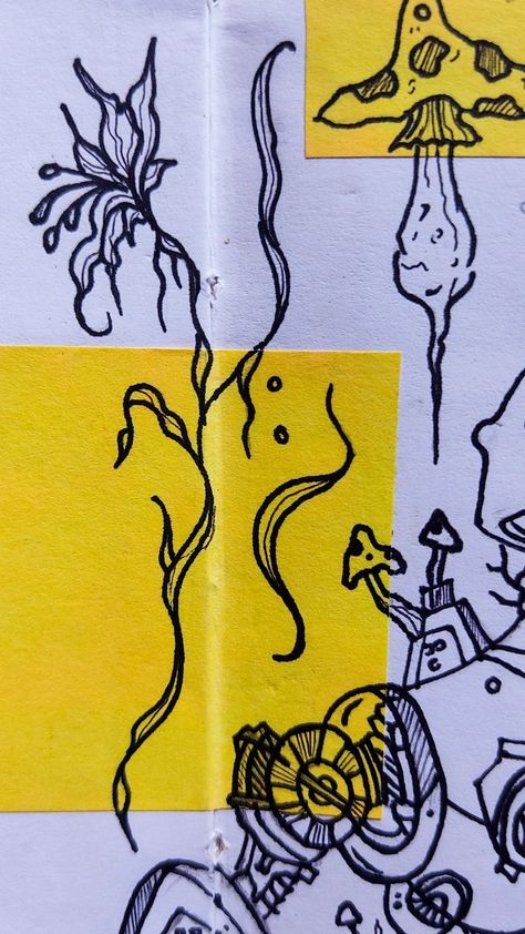 Cello pen art flowers leaves robots journal spread sketchbook pages artstagram aesthetic drawing Post It Note Sketches, Post It Sketches, Post It Note Doodles, Sticky Note Drawing, Sticky Note Drawings, Fun Sketches, Note Doodles, Sketchbook Inspo, Drawings Ideas